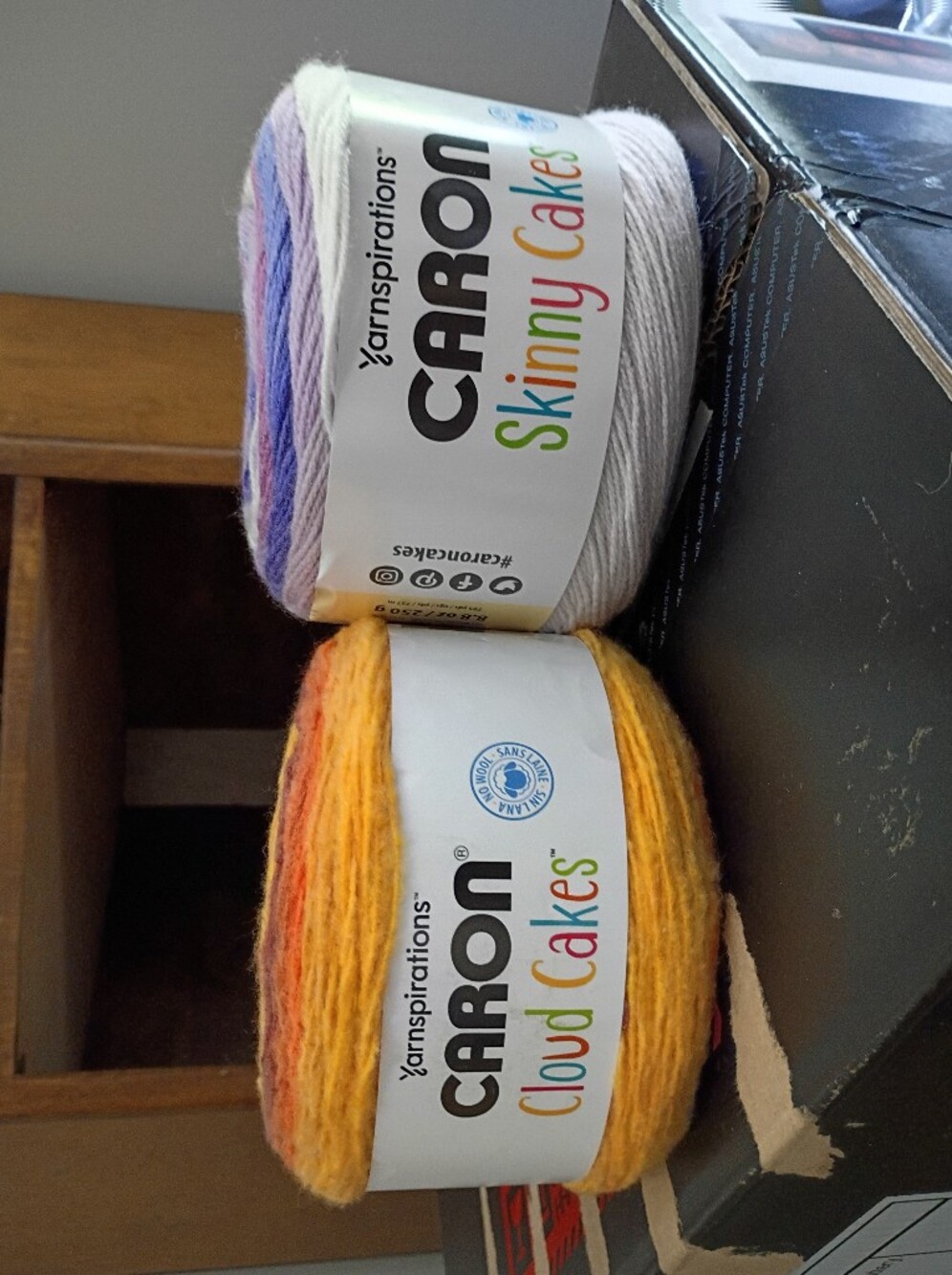 Caron Cloud Cakes yarn in Sunflare and Grape New